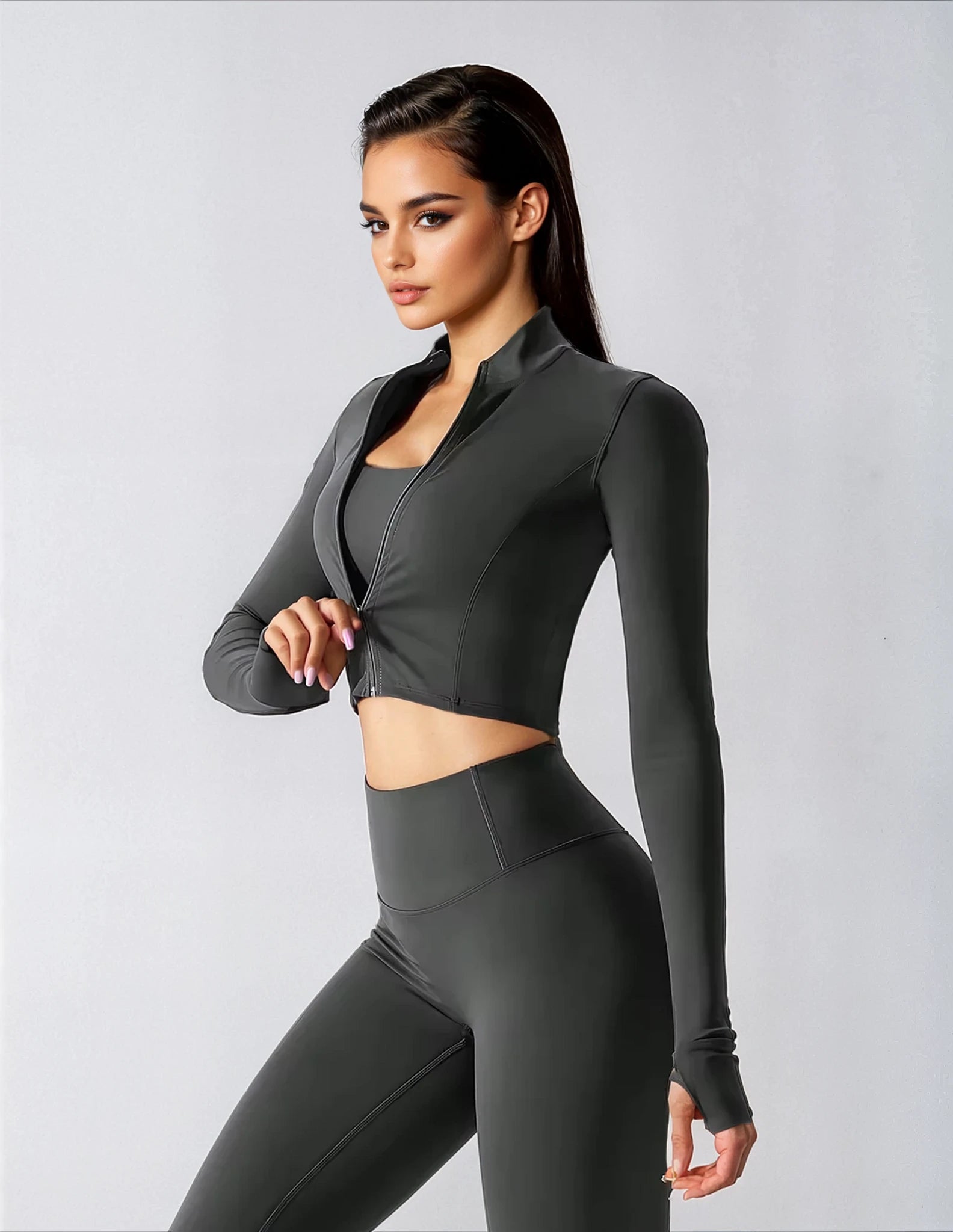 Women Zip Yoga Jacket Outdoor Running Sports Jacket Gym Push up Fitness Long Sleeved Jacket Quick Drying Thumb Button Yoga Top